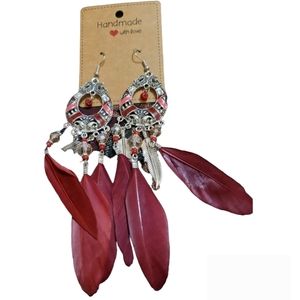 Handmade Upcycled Wine Colour Feather Earrings LOT 1